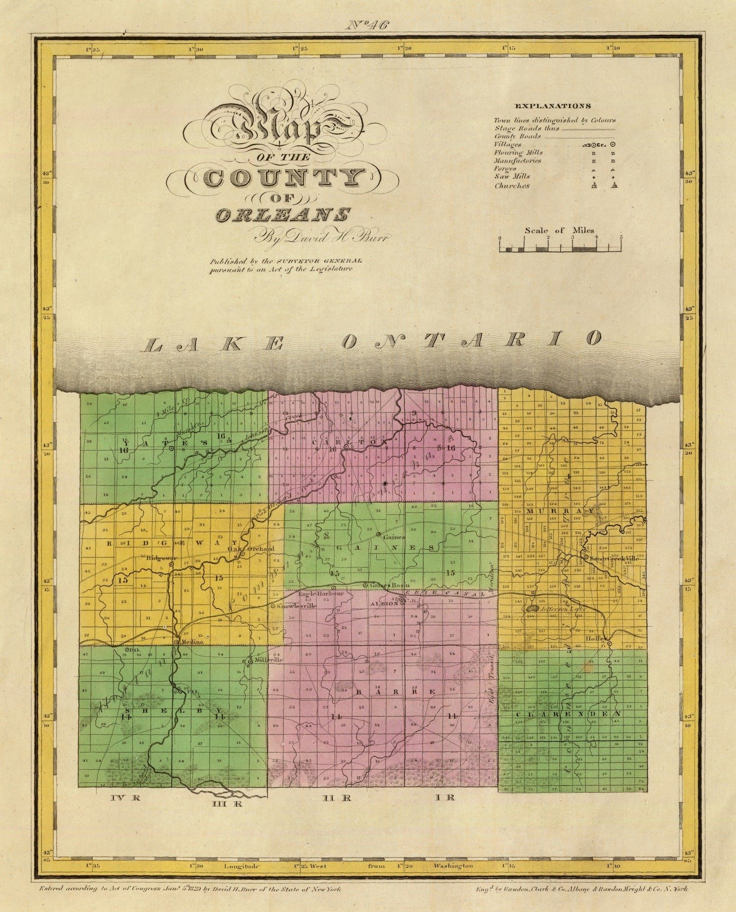 Vintage Map of Orleans County, New York 1829