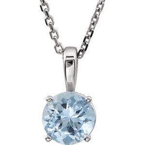 14K White Gold 6 mm Natural Aquamarine Youth Solitaire 14" Necklace