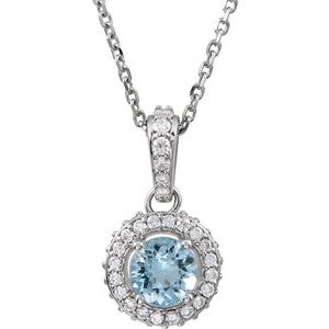 14K White Gold Natural Aquamarine & 1/5 CTW Natural Diamond 18" Necklace