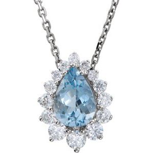 14K White Gold Natural Aquamarine & 1/3 CTW Natural Diamond 18" Necklace