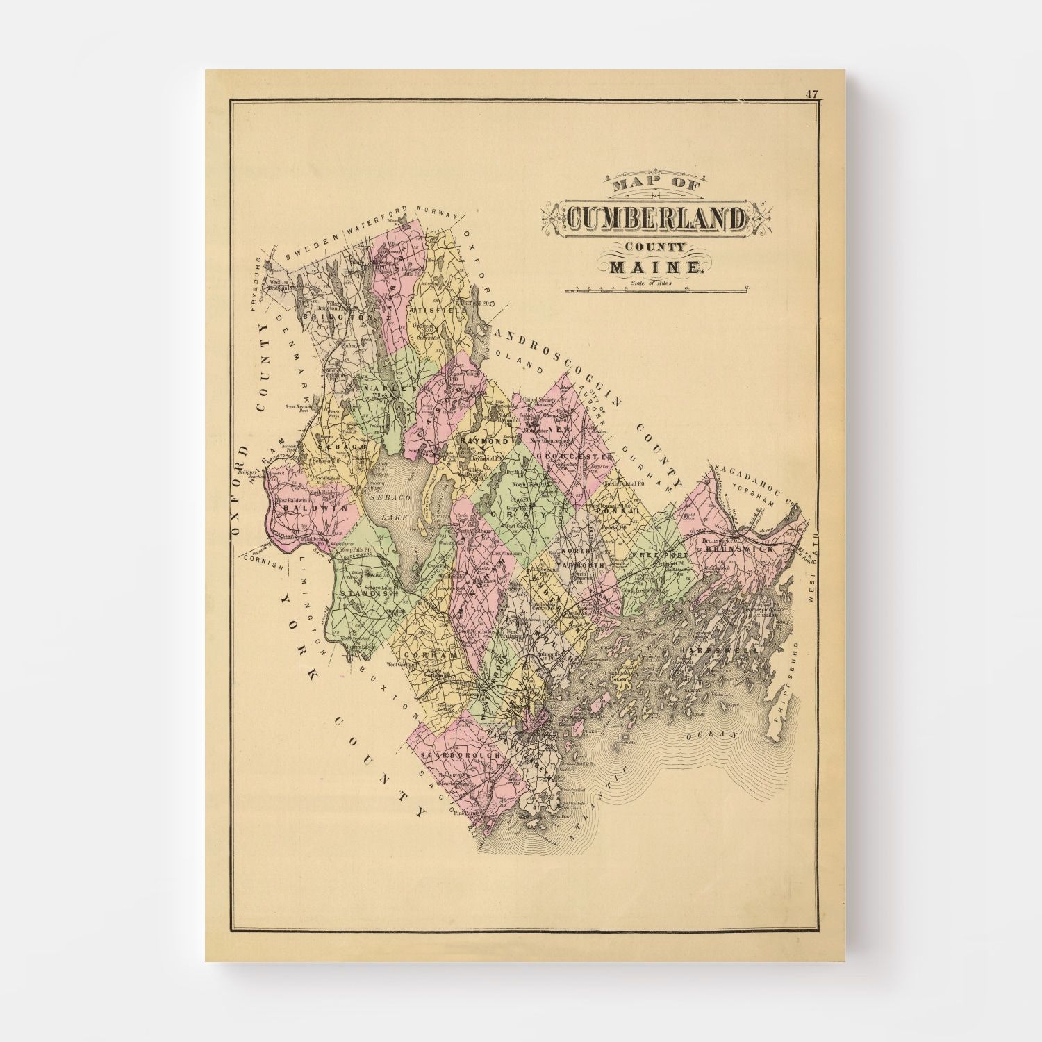 Vintage Map of Cumberland County, Maine 1885