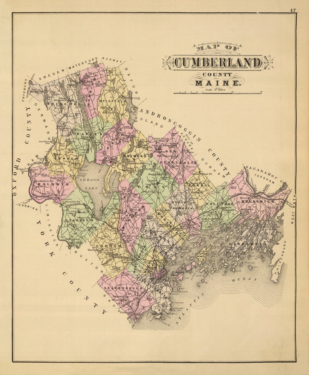 Vintage Map of Cumberland County, Maine 1885