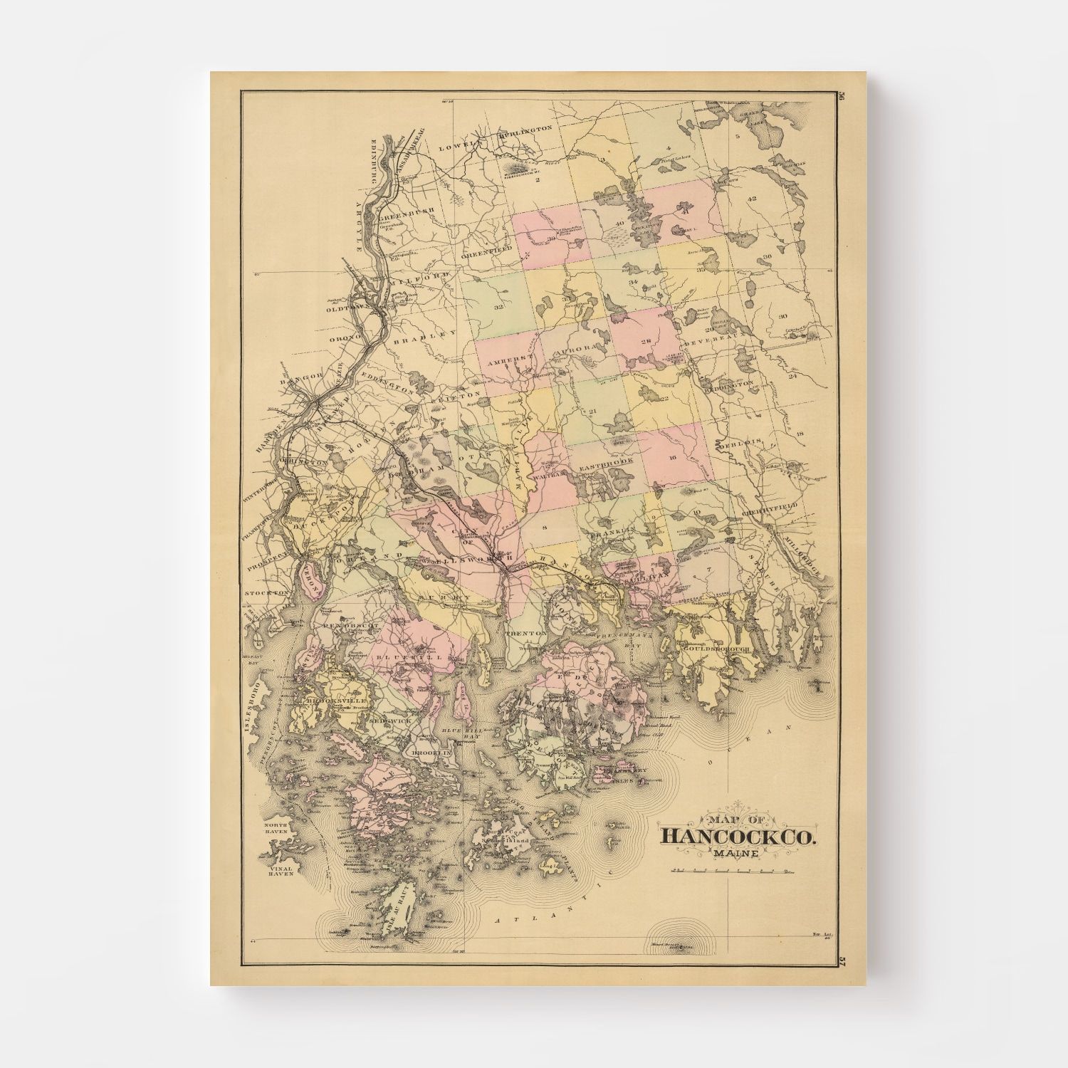 Vintage Map of Hancock County, Maine 1885