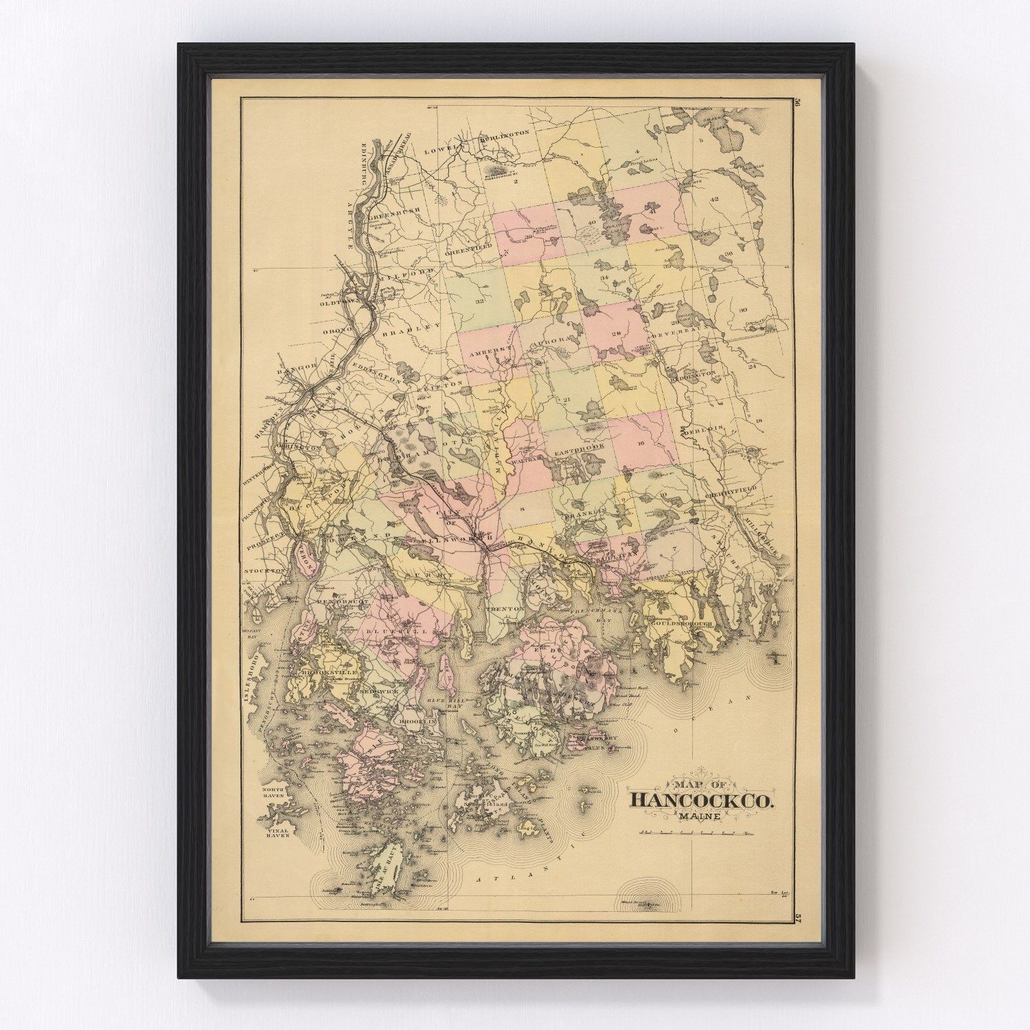 Vintage Map of Hancock County, Maine 1885