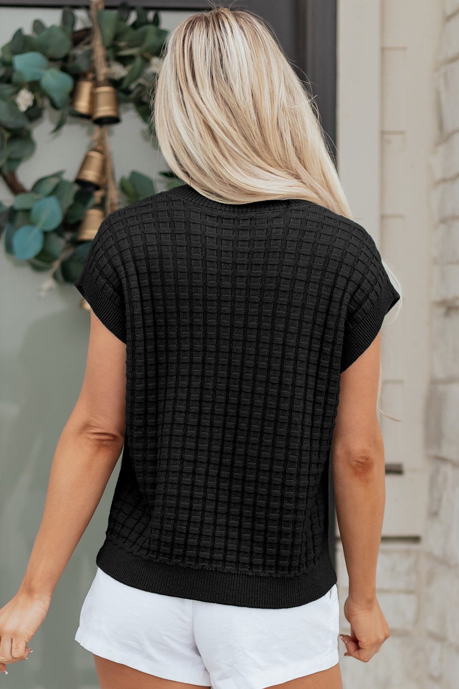 Solid Textured Round Neck Short Sleeve Sweater