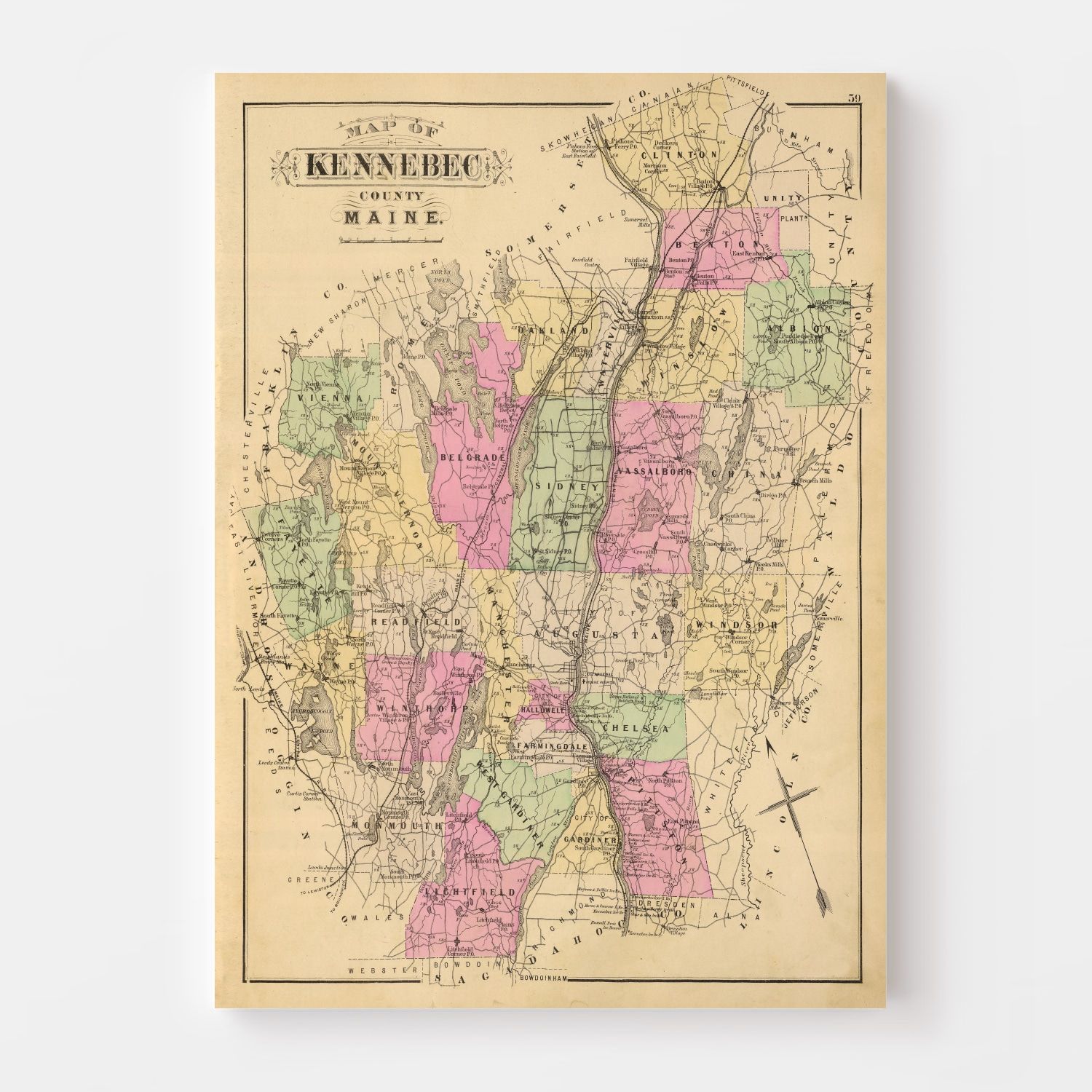 Vintage Map of Kennebec County, Maine 1885