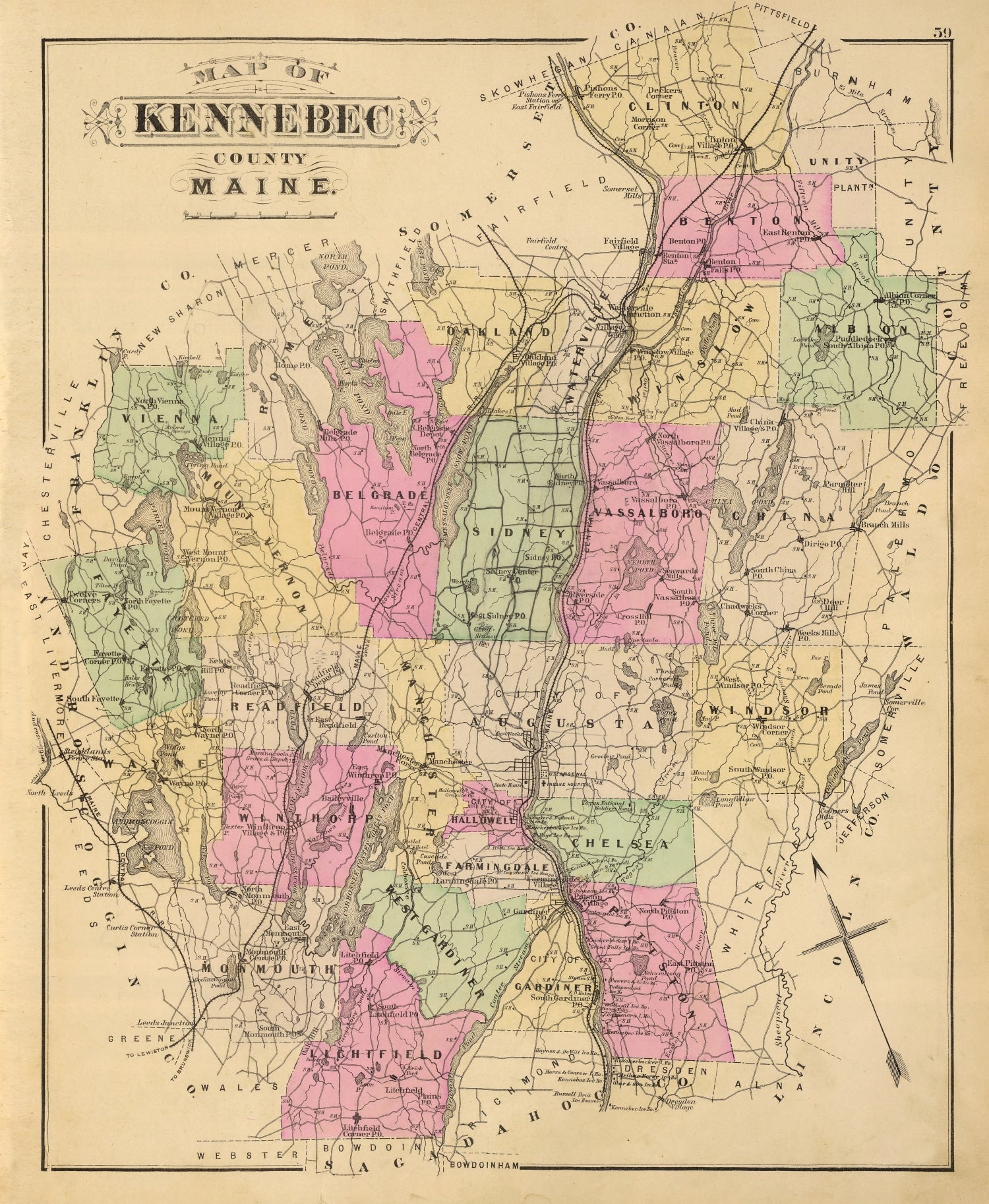 Vintage Map of Kennebec County, Maine 1885