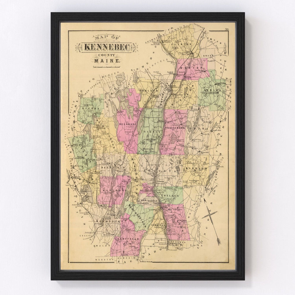 Vintage Map of Kennebec County, Maine 1885