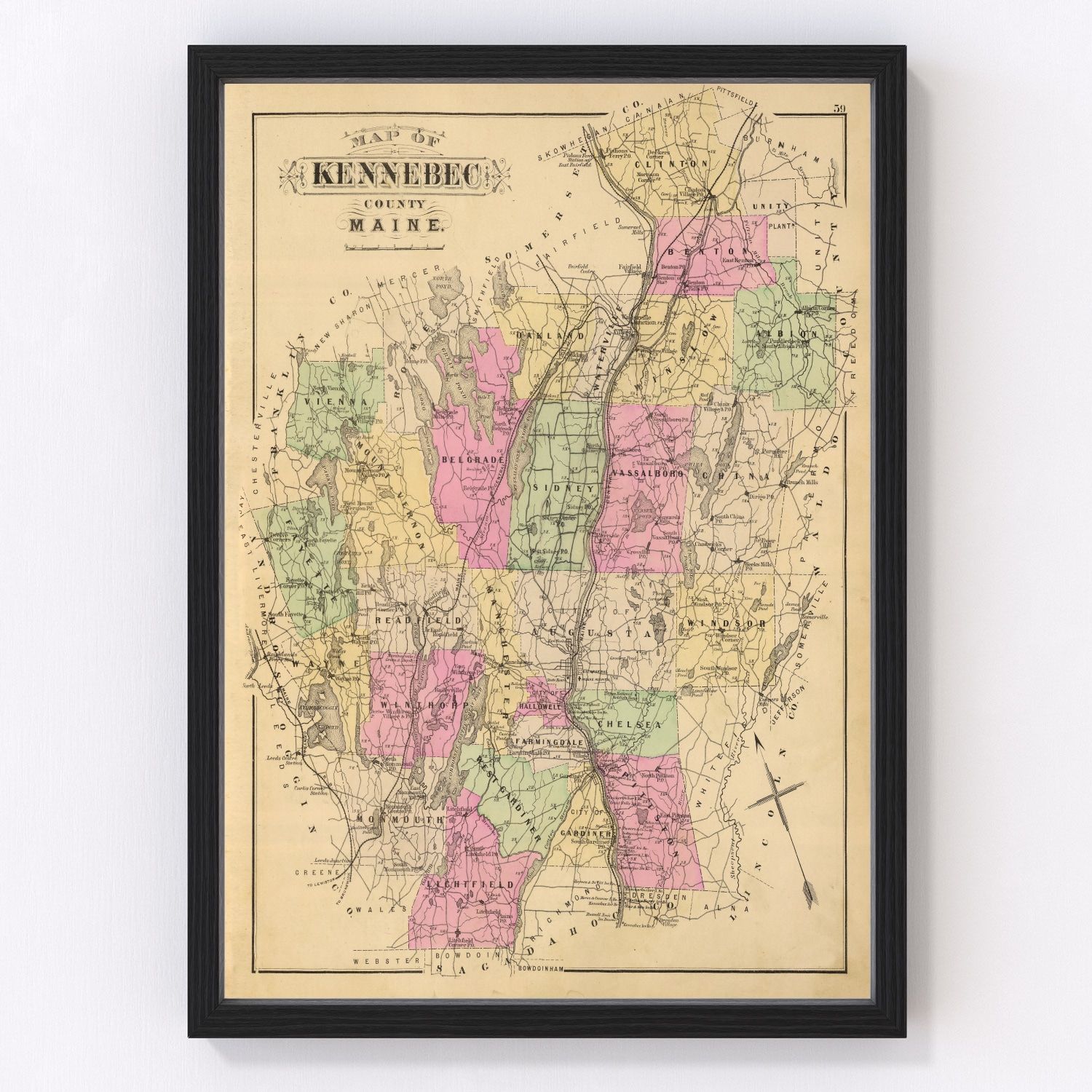 Vintage Map of Kennebec County, Maine 1885