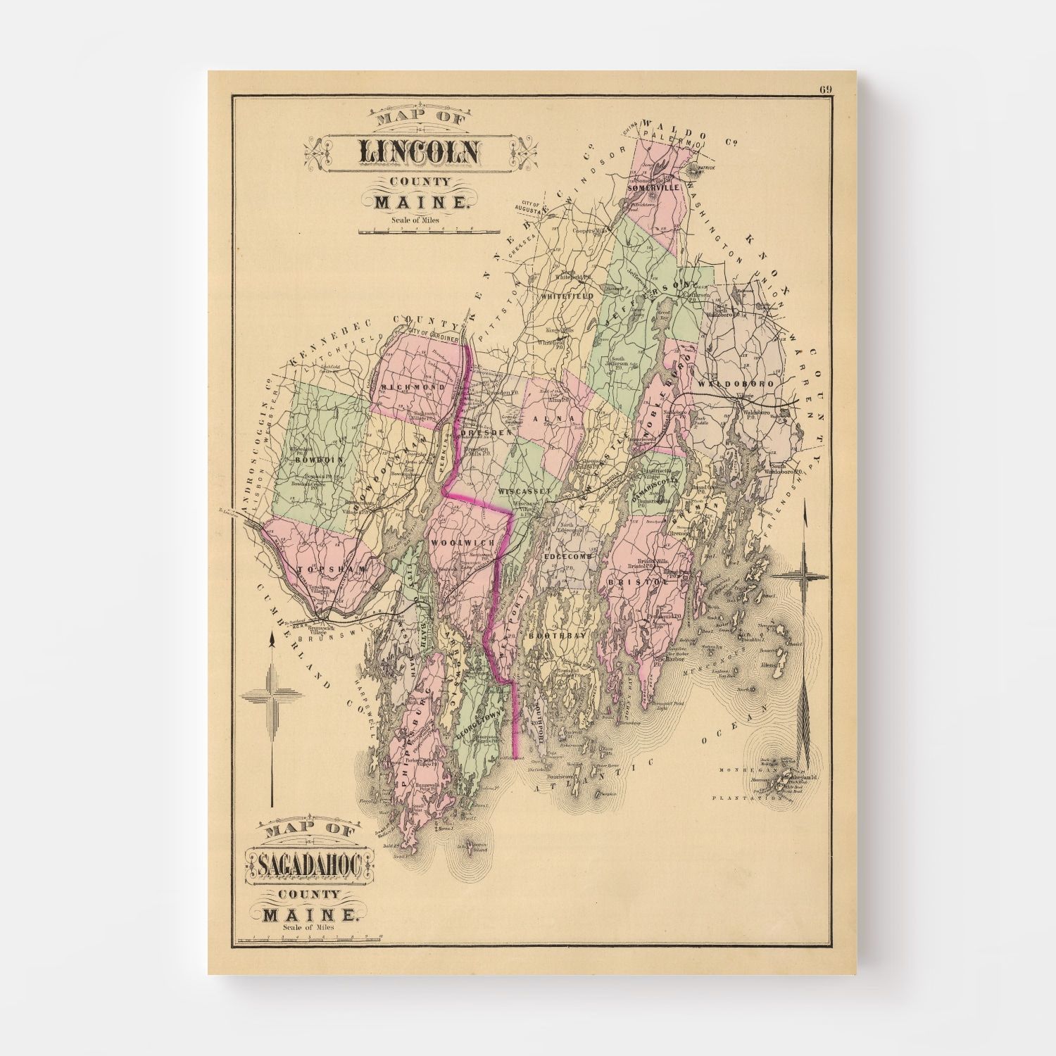 Vintage Map of Lincoln County, Maine 1885