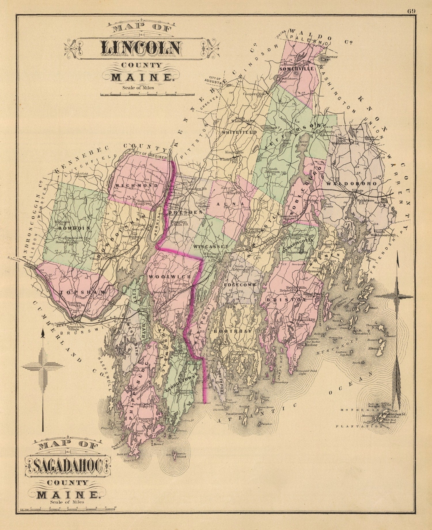 Vintage Map of Lincoln County, Maine 1885
