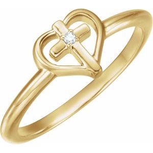 14K Yellow Gold .01 CT Natural Diamond Cross & Heart Ring