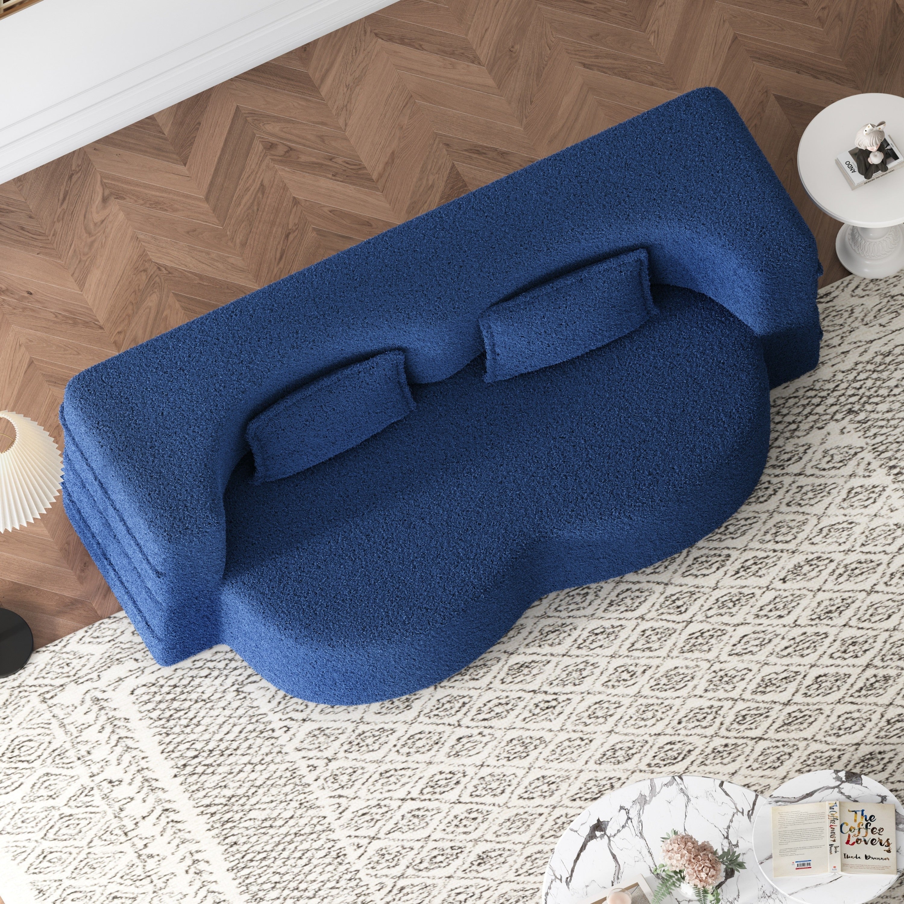 Modern Floor Sofa with 2 Pillows,Convertible Teddy Fabric Foam Filled Sleeper Sofa Bed,15 ' Full Size Folding Mattress for Living Room,Guest Bed,Playroom,no assembly required,Blue