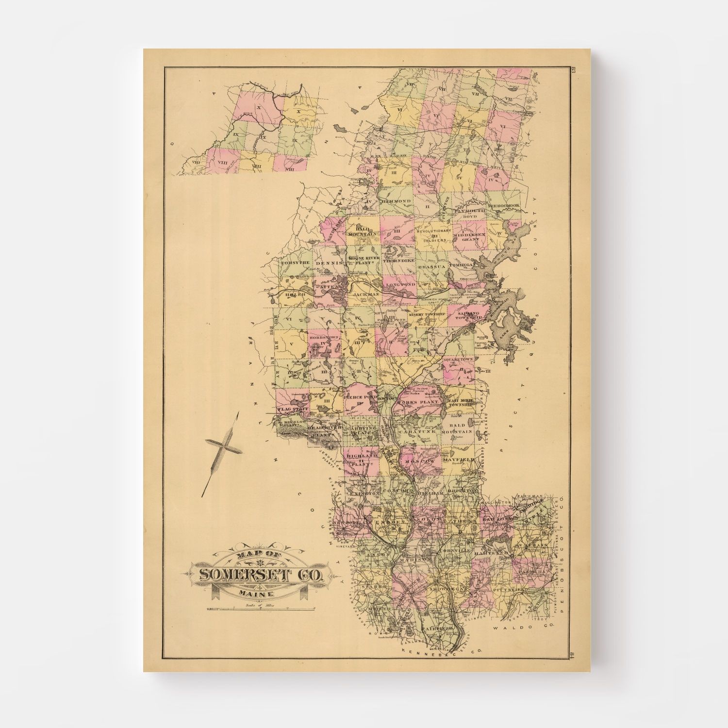Vintage Map of Somerset County, Maine 1885