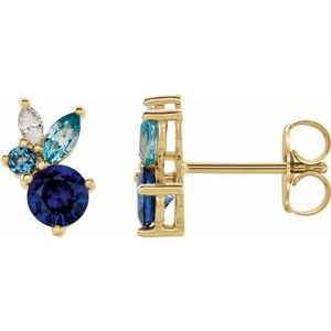 14K Yellow Gold Natural Blue Sapphire, Natural Aquamarine, Natural Blue Zircon & .07 CTW Natural Diamond Earrings
