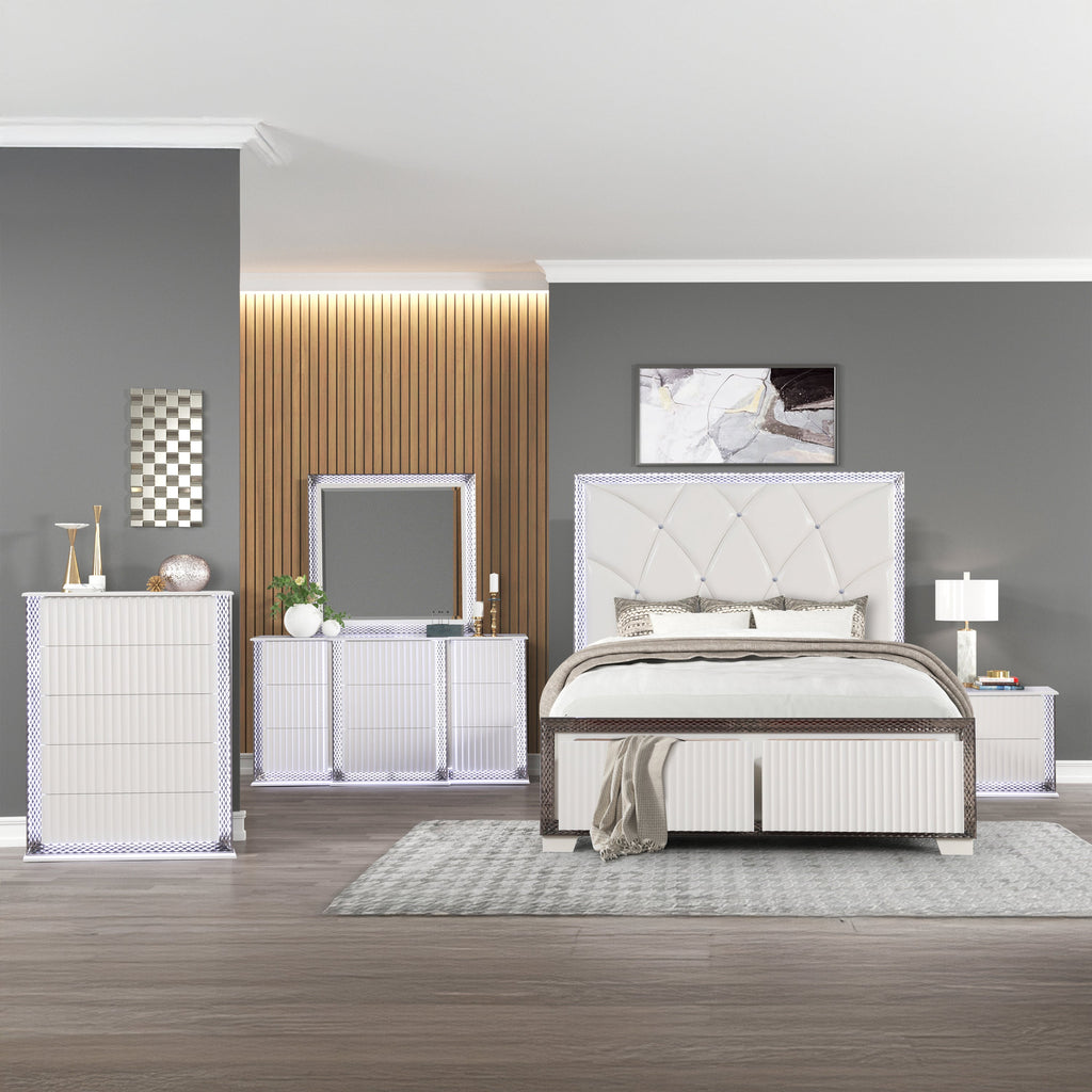 Fabio Contemporary Style Queen 5PC Bedroom set Made with Diamond-Shaped Side Accents, LED Lighting and Wood in White Finish (NJ INVENTORY)