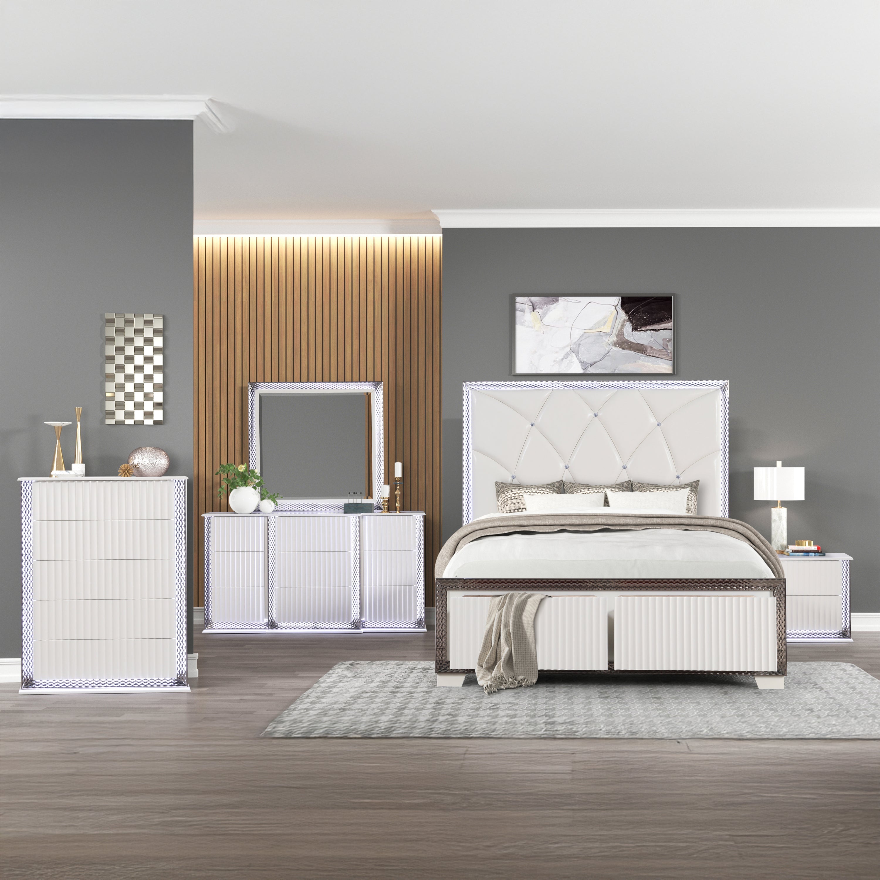 Fabio Contemporary Style Queen 5PC Bedroom set Made with Diamond-Shaped Side Accents, LED Lighting and Wood in White Finish (NJ INVENTORY)