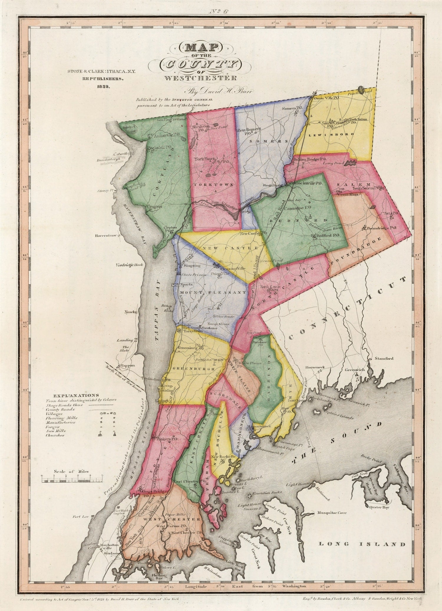 Vintage Map of Westchester County, New York 1839