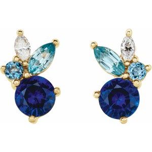 14K Yellow Gold Natural Blue Sapphire, Natural Aquamarine, Natural Blue Zircon & .07 CTW Natural Diamond Earrings – image 2