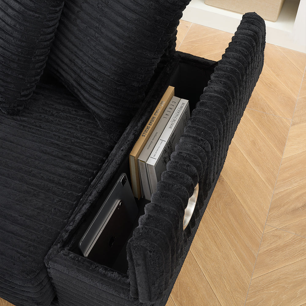 111.4 ' Black corduroy sofa, armrest with cup holder and storage function, recliner can be changed left and right, suitable for living room bedroom lounge area