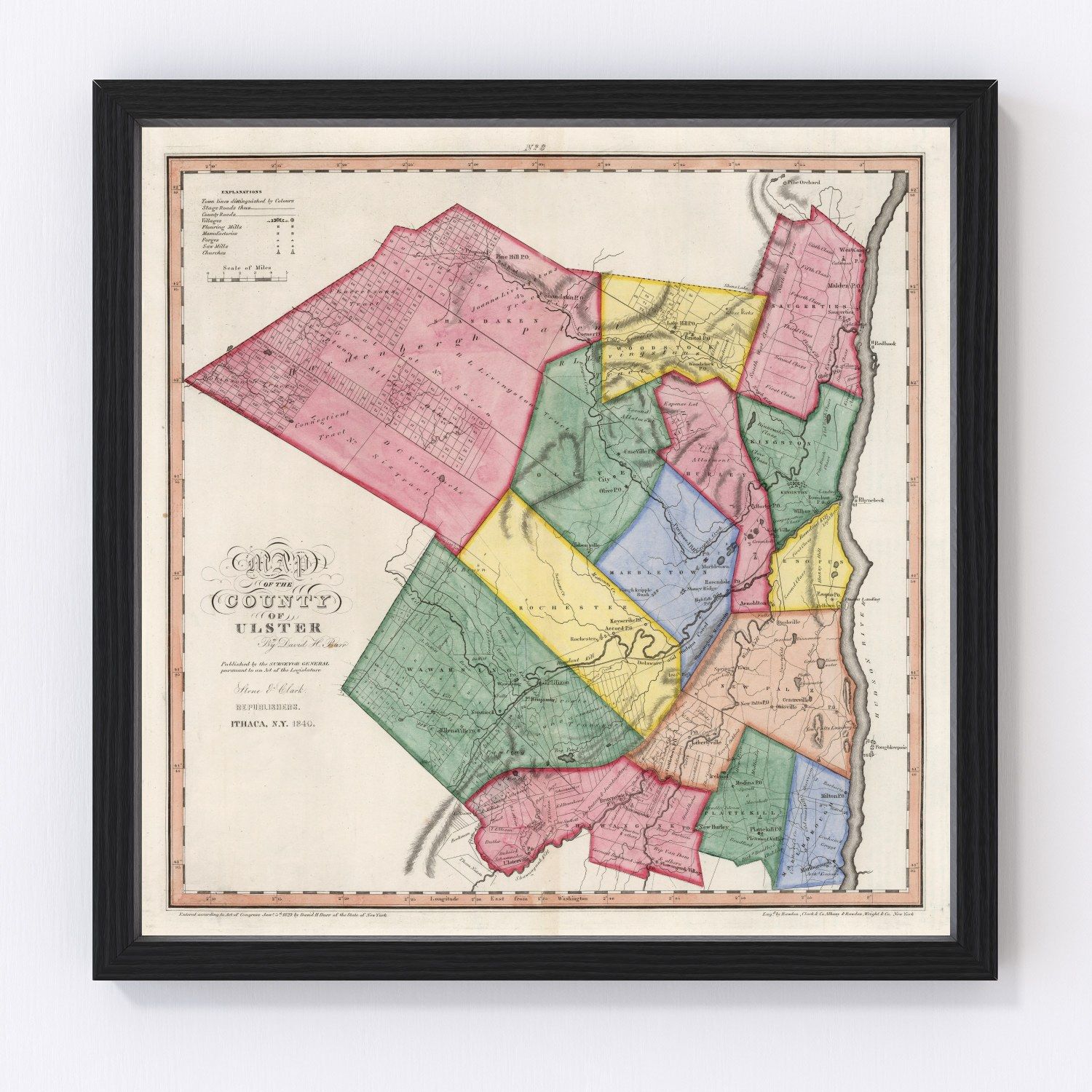 Vintage Map of Ulster County, New York 1840