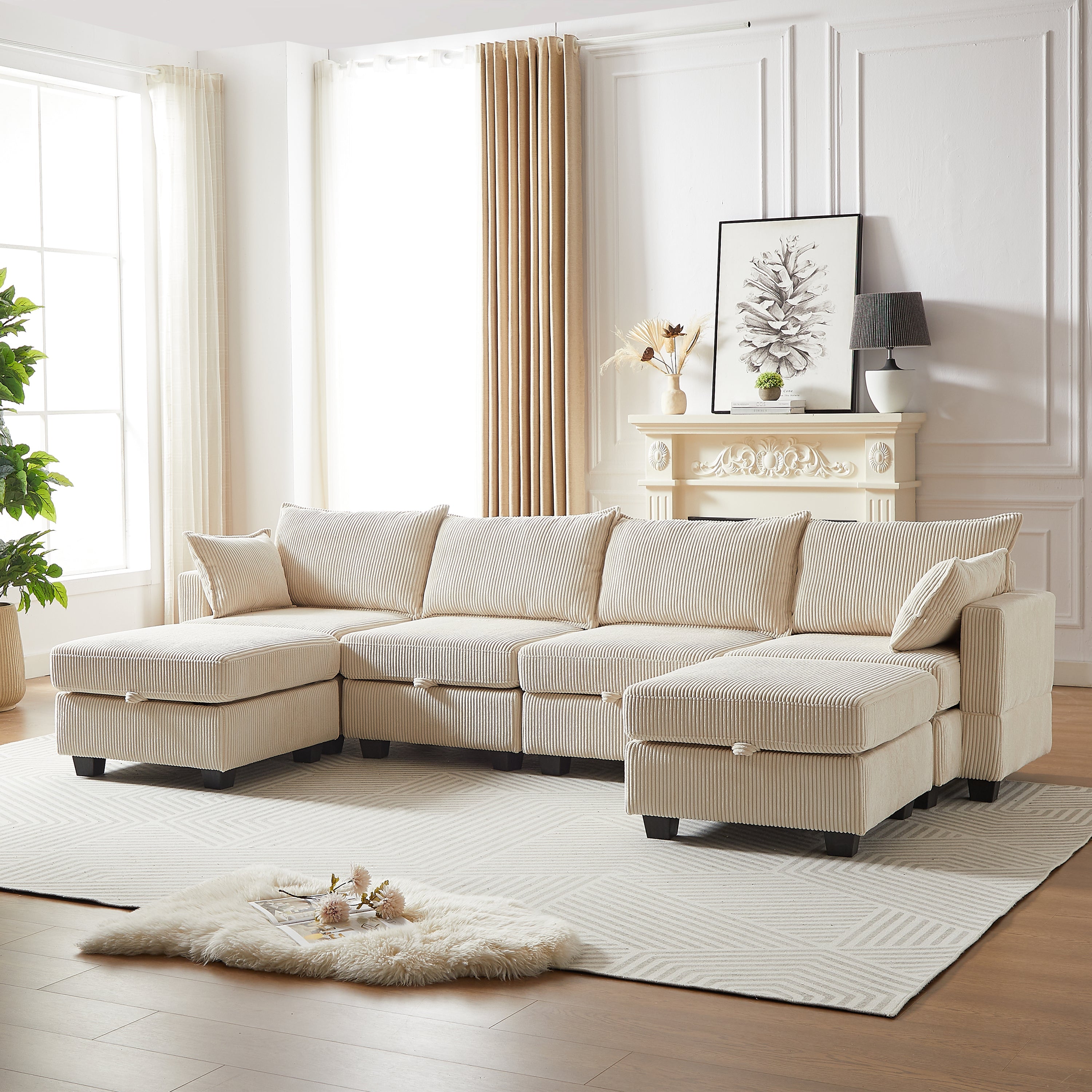 113.5'' Modular Sectiona Corduroy Sofa, Sectional Couches for Living Room U Shaped Sectional Couch with Storage Ottoman, 6 Seats Convertible Sectionals with Chaise