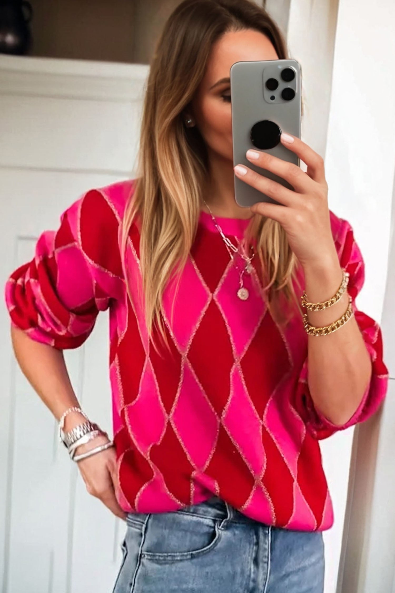 Glitter Rhombus Geometric Knit Crewneck Sweater