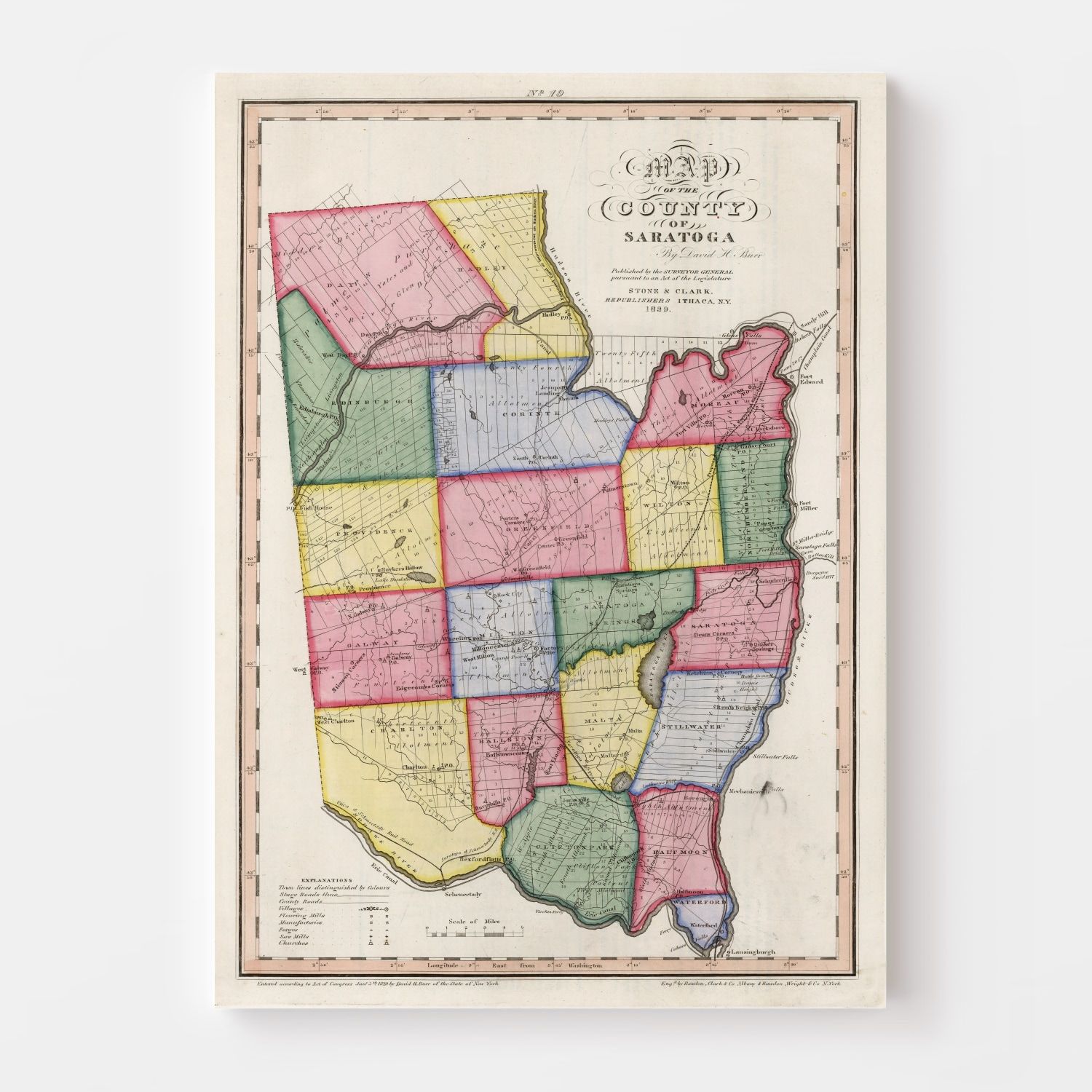 Vintage Map of Saratoga County, New York 1840