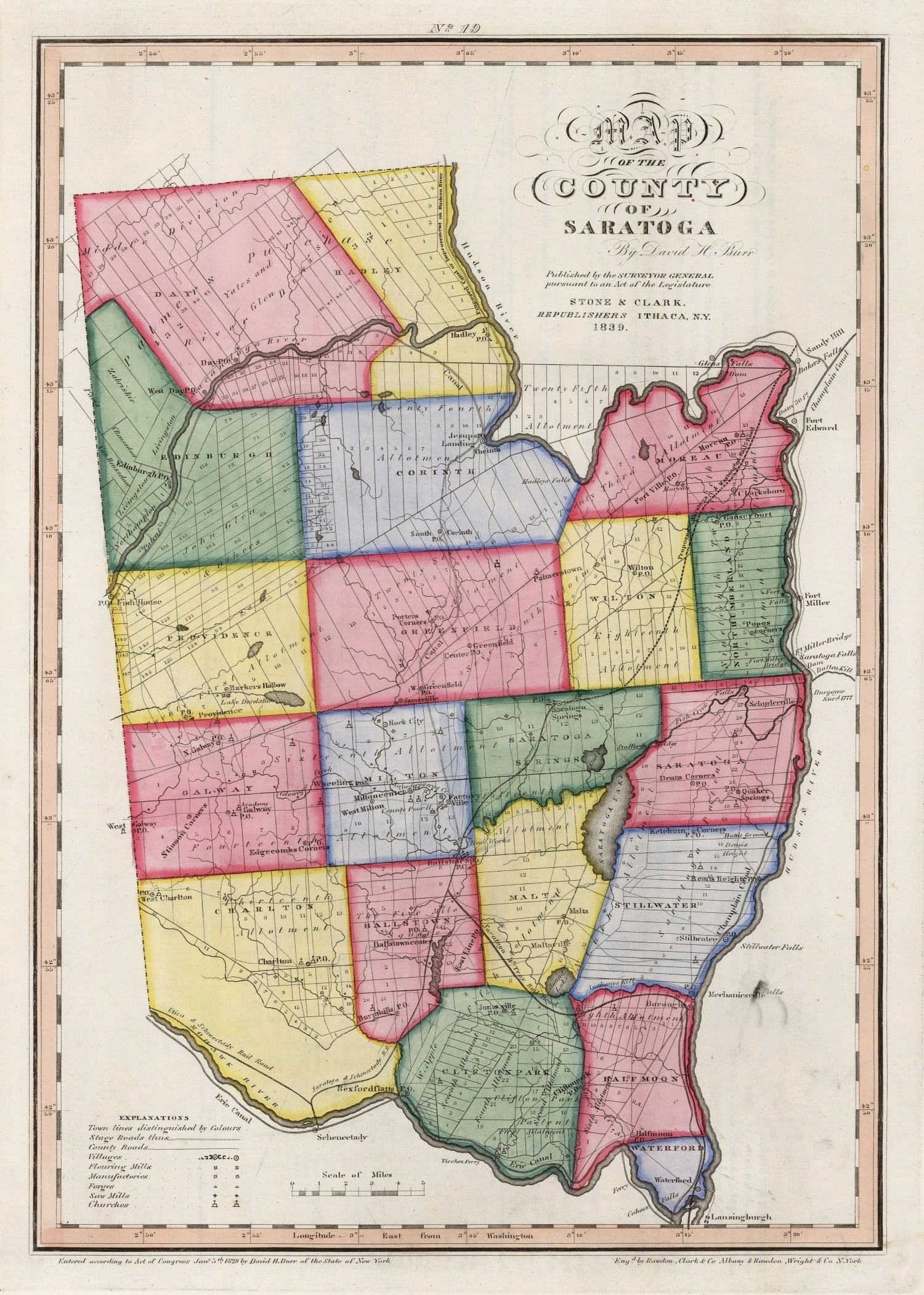 Vintage Map of Saratoga County, New York 1840