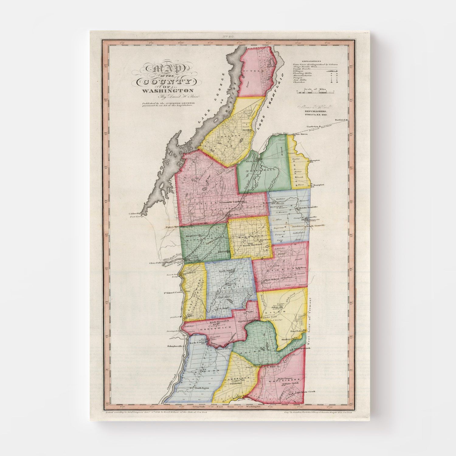 Vintage Map of Washington County, New York 1840