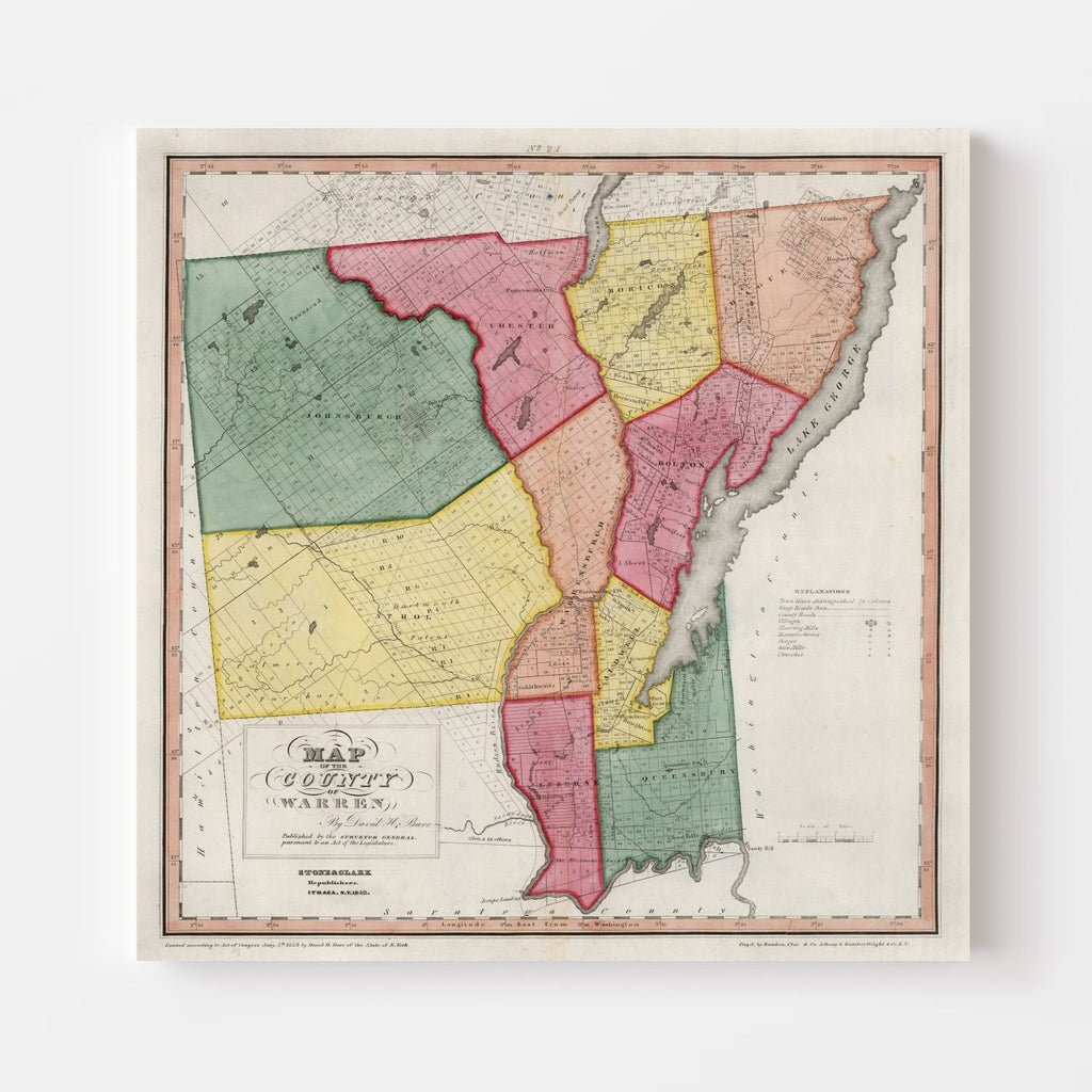 Vintage Map of Warren County, New York 1840