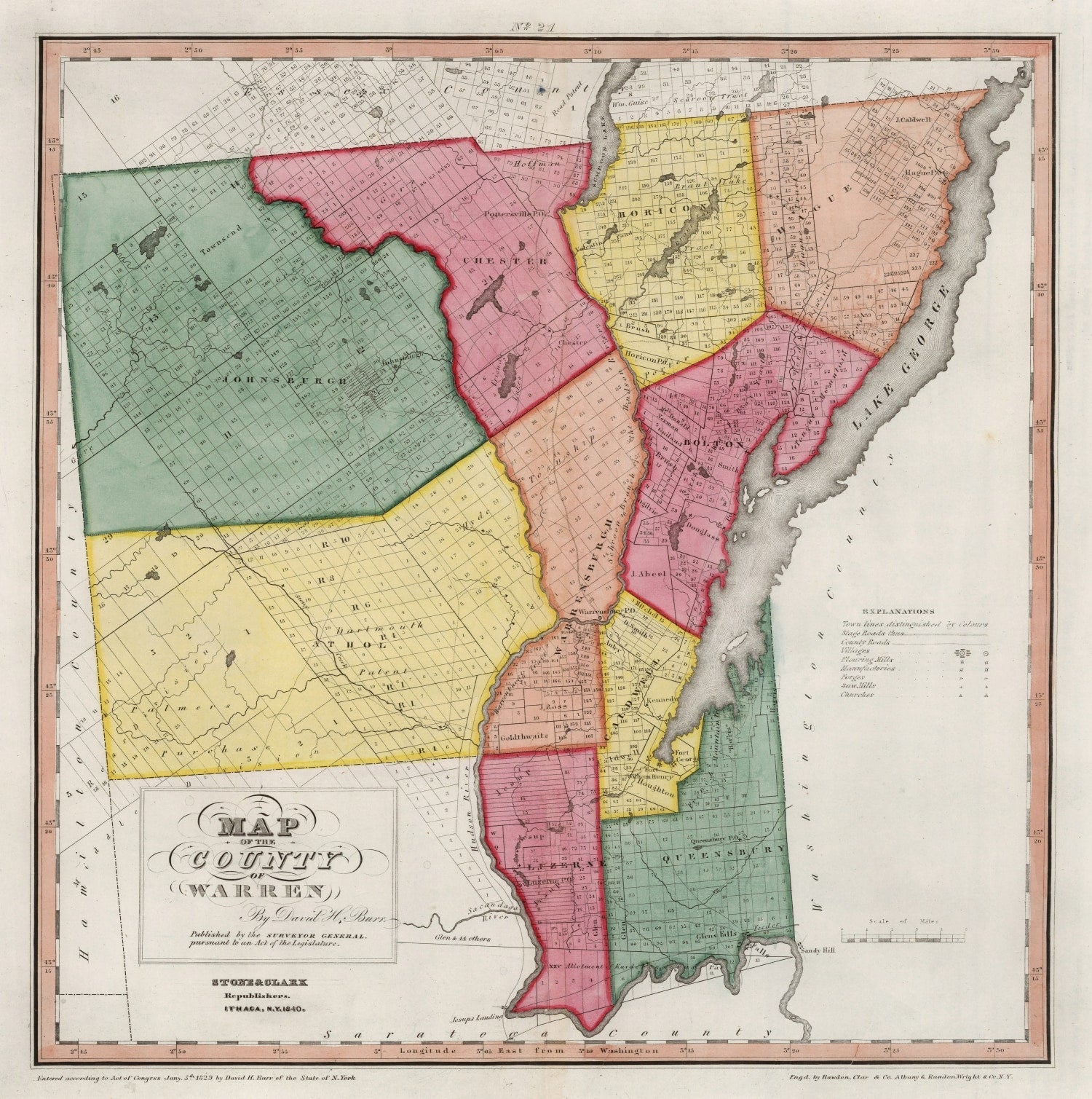 Vintage Map of Warren County, New York 1840