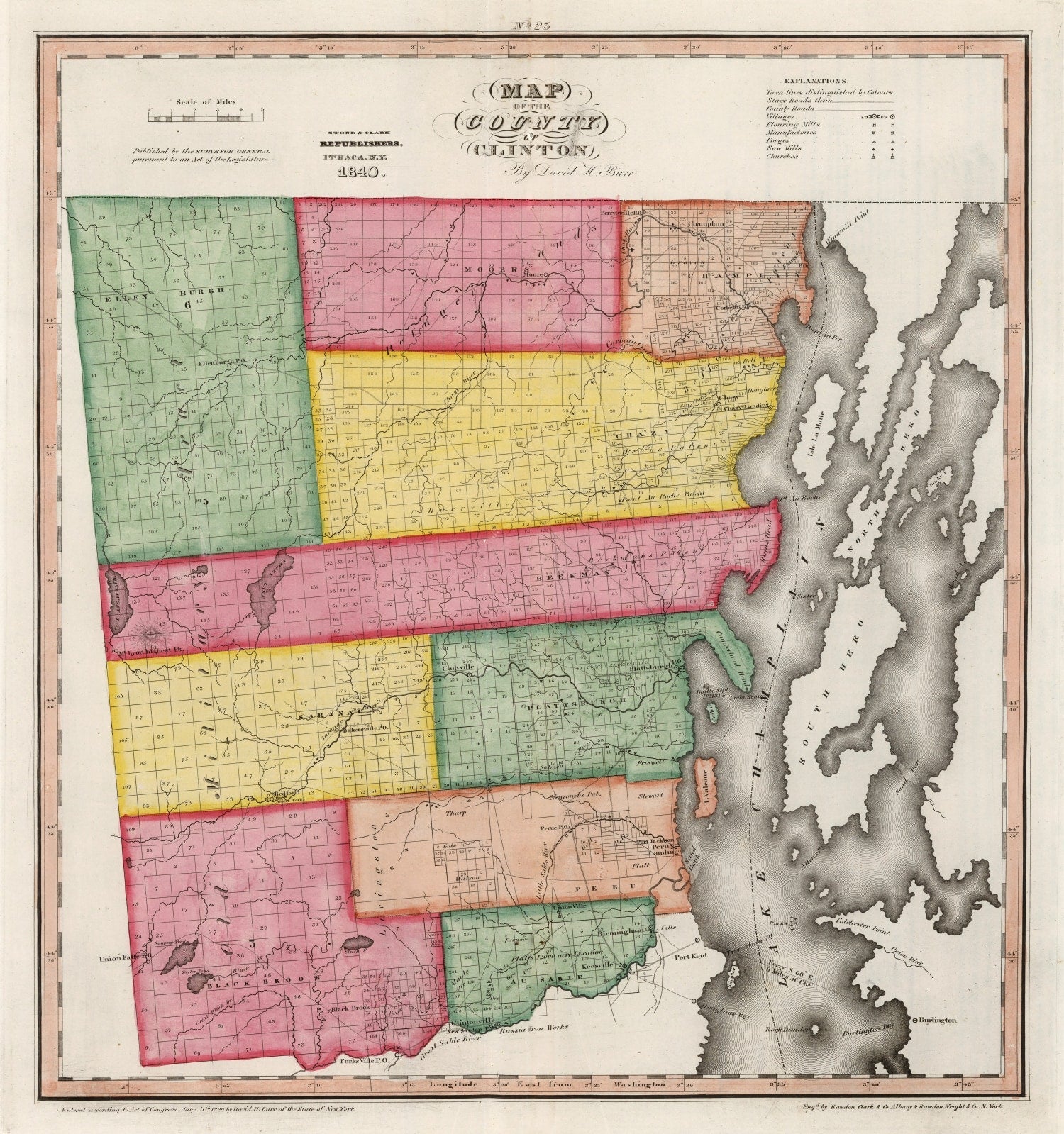 Vintage Map of Clinton County, New York 1840