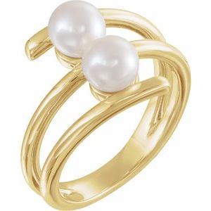 14K Yellow Gold Cultured White Freshwater Pearl Two-Stone Ring