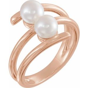14K Rose Gold Cultured White Freshwater Pearl Two-Stone Ring
