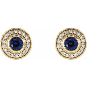 14K Yellow Gold Lab-Grown Blue Sapphire & 1/3 CTW Natural Diamond Halo-Style Earrings – image 2