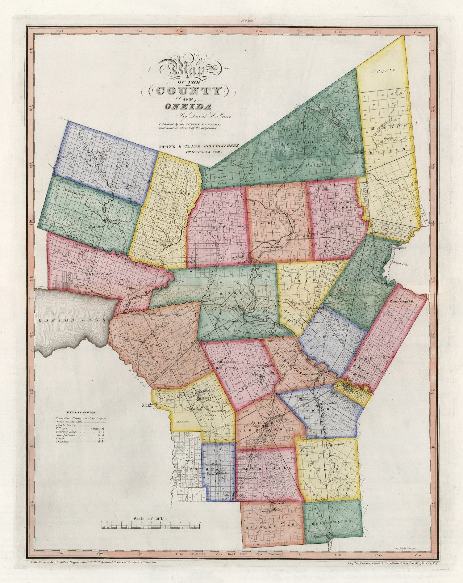 Vintage Map of Oneida County, New York 1840