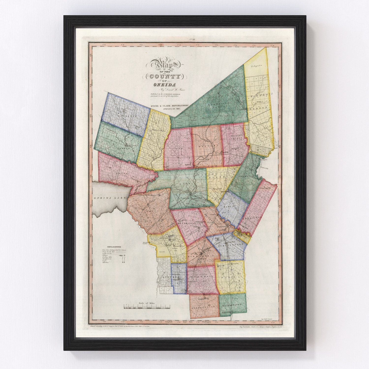 Vintage Map of Oneida County, New York 1840