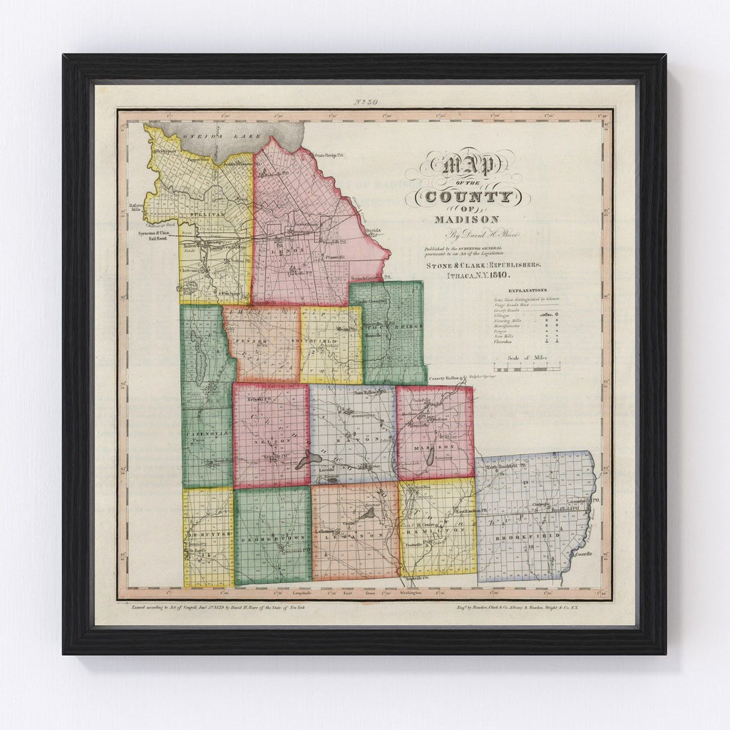 Vintage Map of Madison County, New York 1840