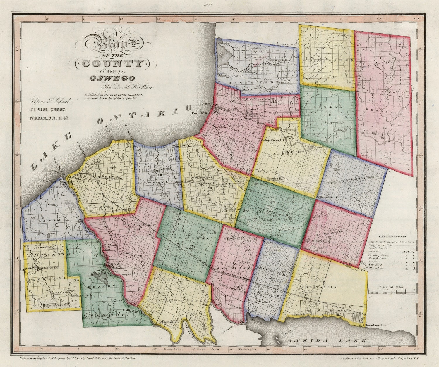 Vintage Map of Oswego County, New York 1840