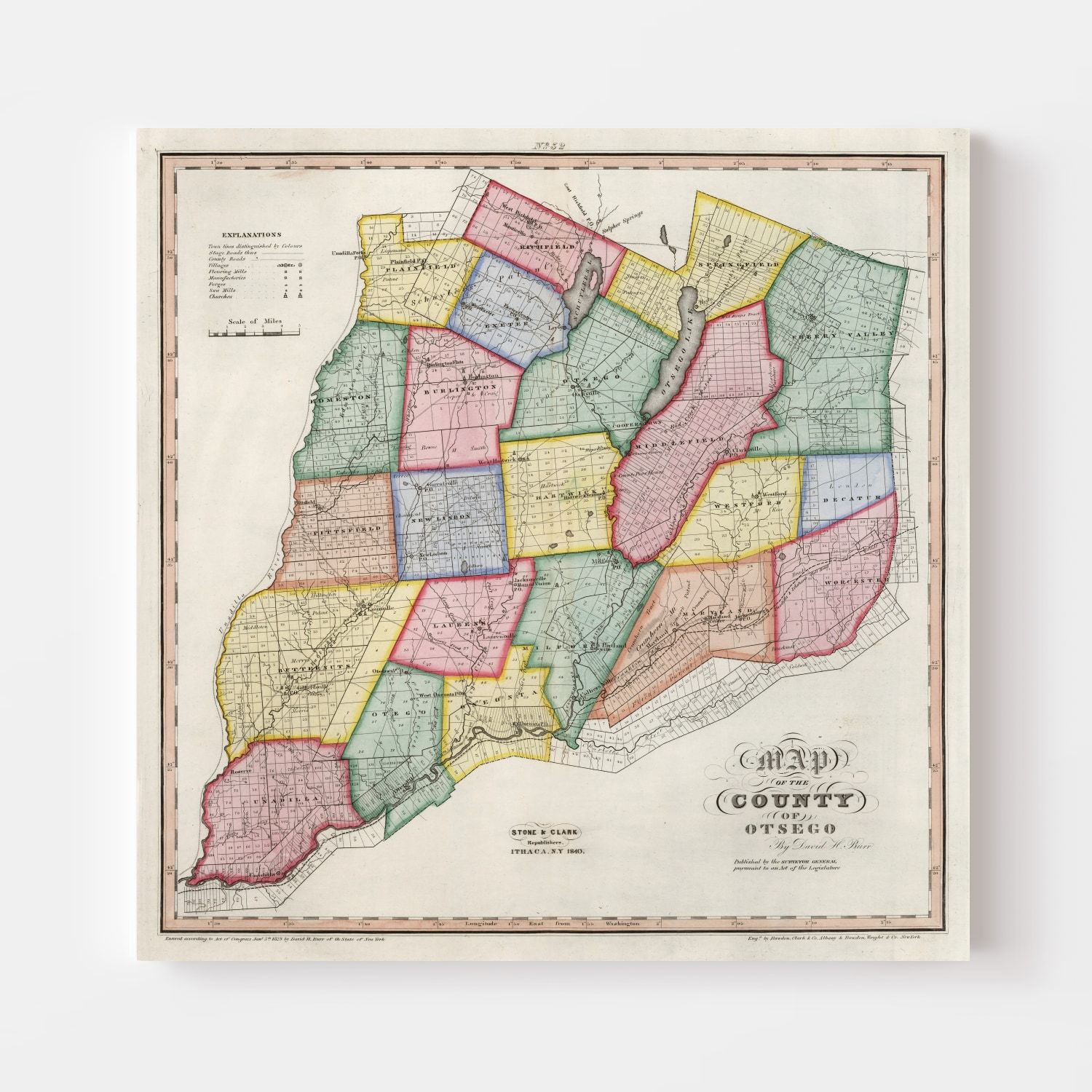 Vintage Map of Otsego County, New York 1840