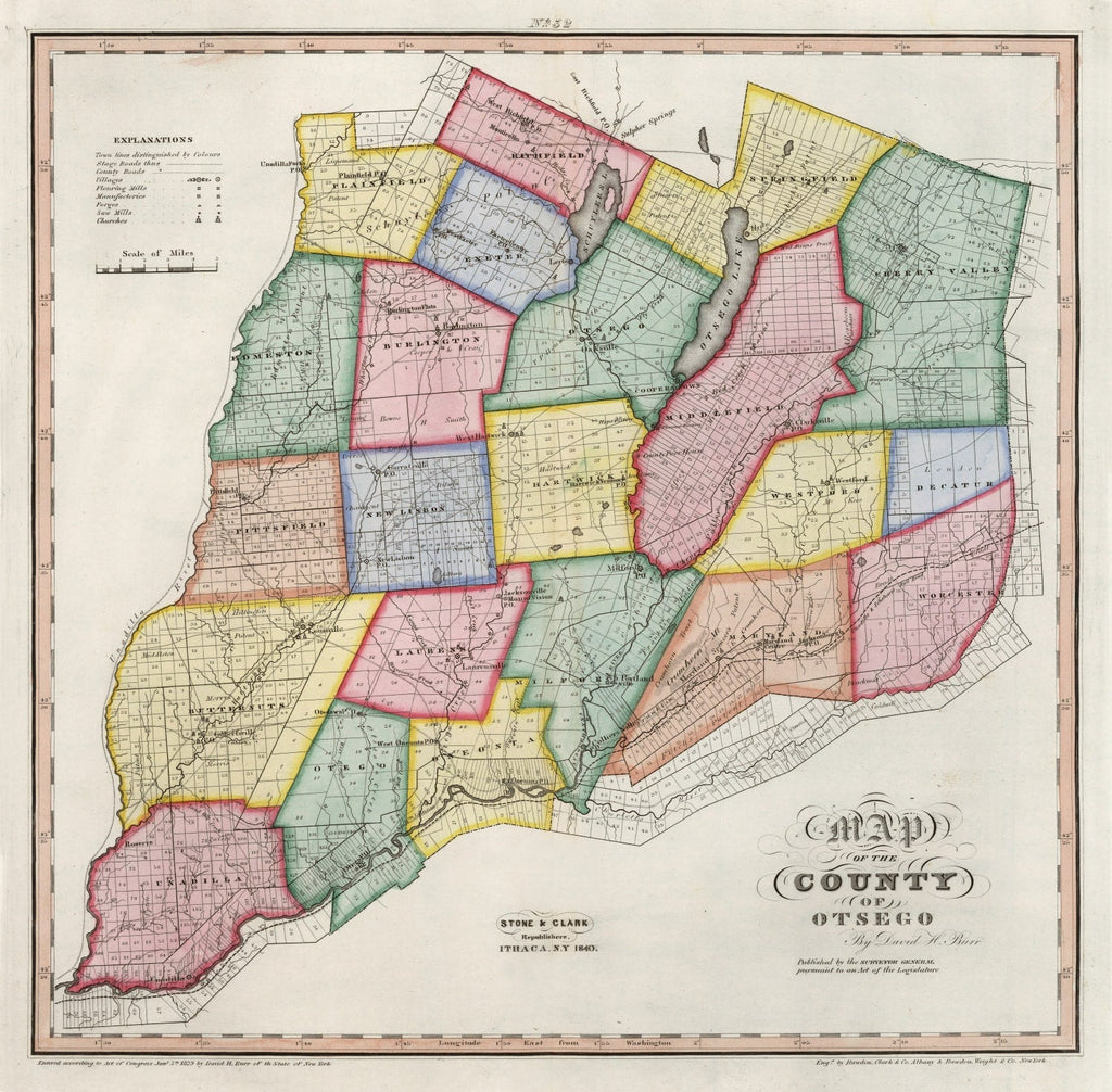 Vintage Map of Otsego County, New York 1840