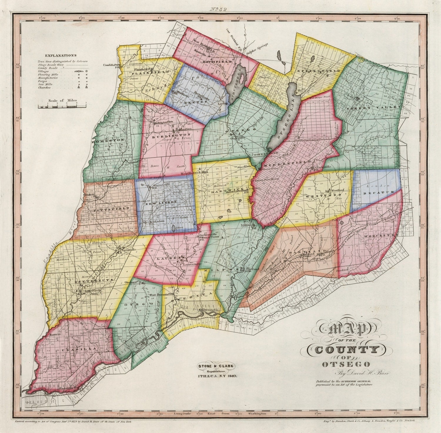 Vintage Map of Otsego County, New York 1840