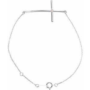 14K White Gold .025 CT Natural Diamond Sideways Cross 7-8" Bracelet