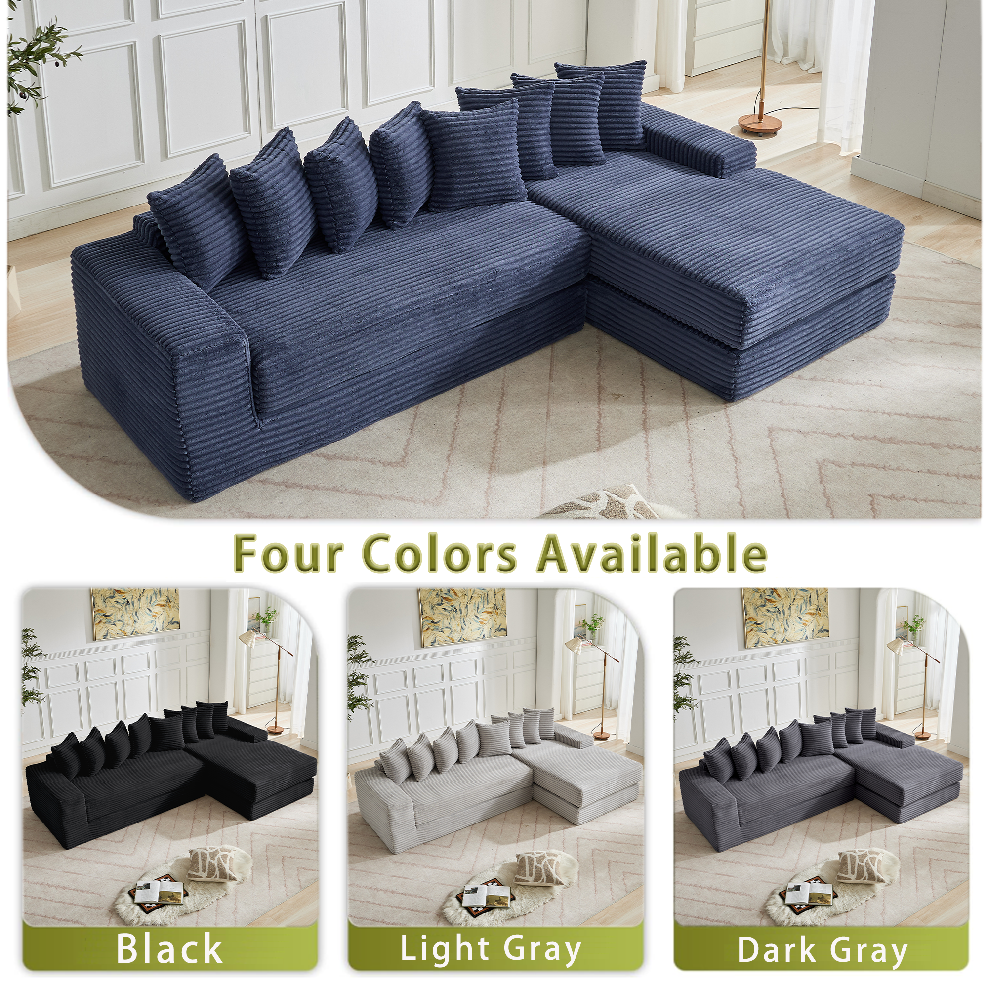 [NEW ARRIVED] [VIDEO PROVIDED] Oversize Cloud Sectional Couch, L-Shape Sofa, Convertible Floor Sleeper Sofa Bed, No Assembly ,Eight pillows,3-in-1,Magazine bag,(Right Facing Sofa),3 Seat,Corduroy,Blue