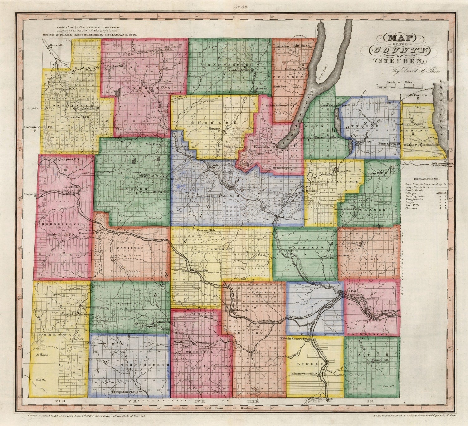 Vintage Map of Steuben County, New York 1840