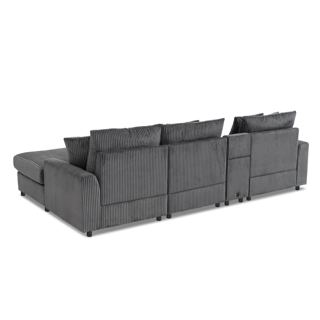 Modular Corduroy Sectional Sofa with Bluetooth Speakers, USB Charger, Cup Holders, Storage, and Ottoman in Dark Gray
