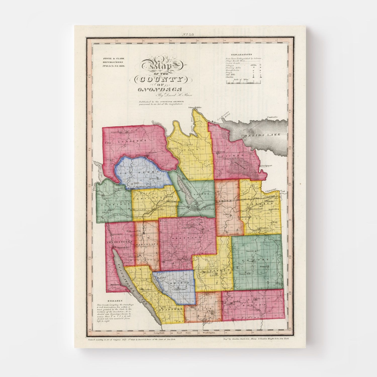 Vintage Map of Onondaga County, New York 1840