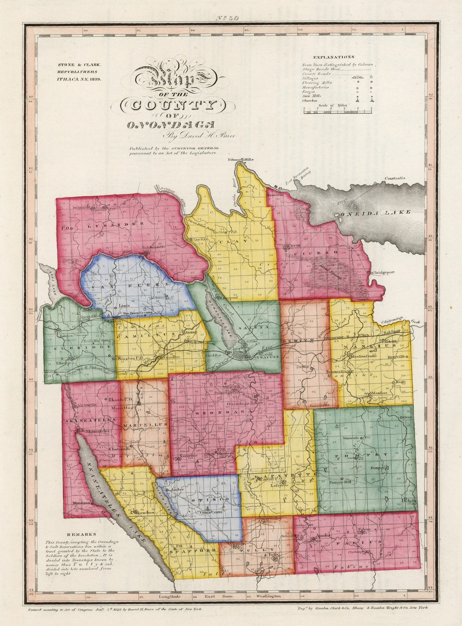 Vintage Map of Onondaga County, New York 1840