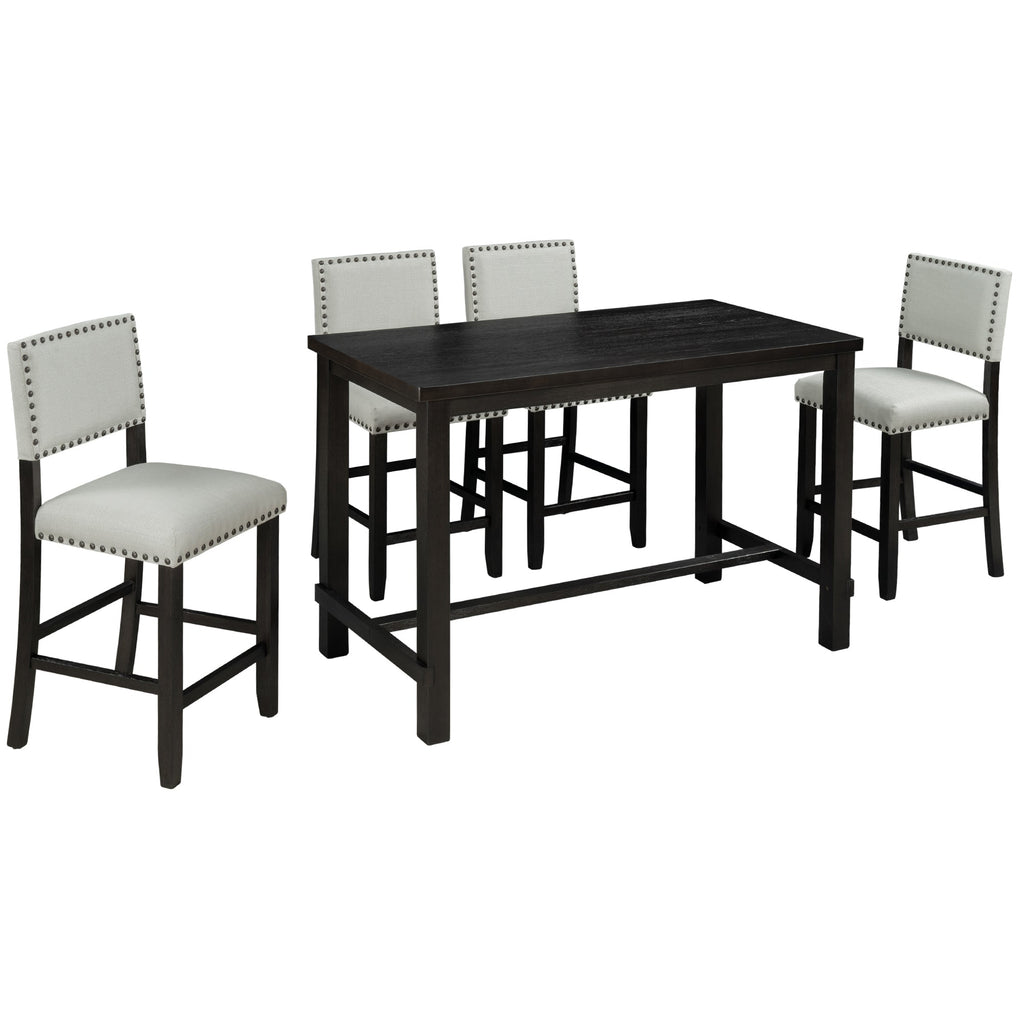 TREXM Classic Elegant 5-Piece Counter Height Dining Set with Table and 4 Chairs in Espresso and Beige
